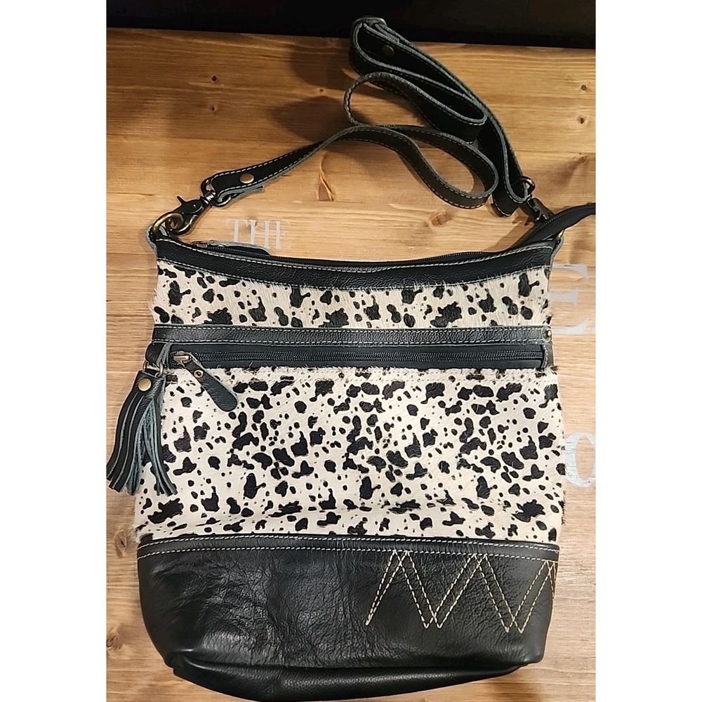 Myra Bag‎ Multi Colored Black White Cow Hide & Leather 12 X 13 X 4 Zip Top